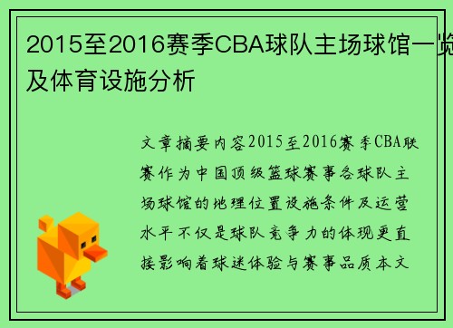 2015至2016赛季CBA球队主场球馆一览及体育设施分析